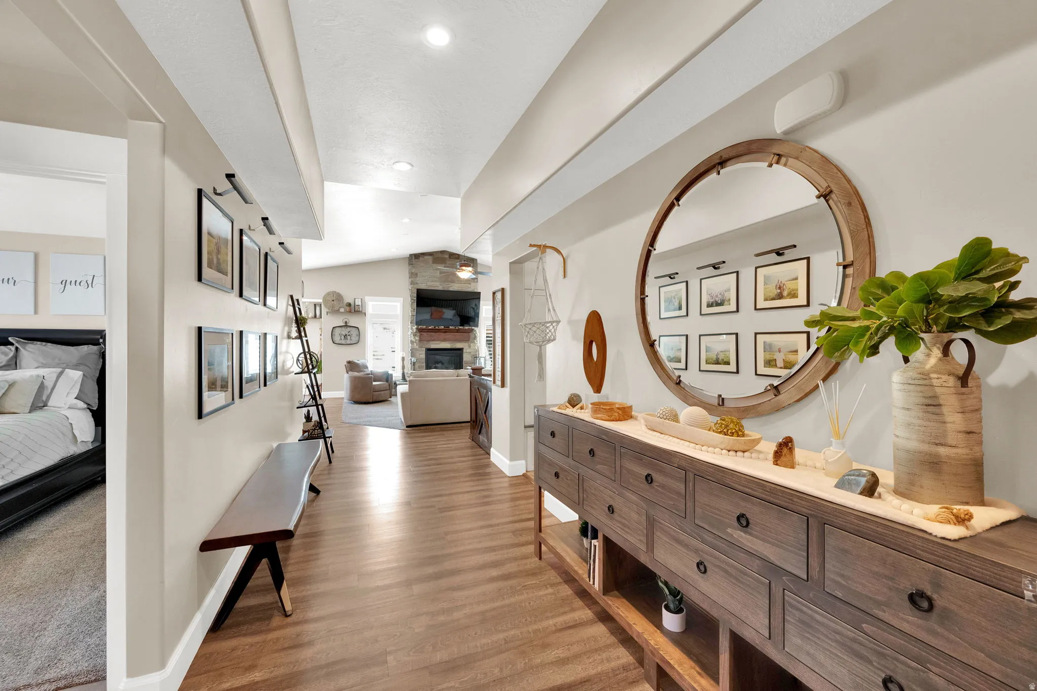Hardwood-finish flooring extending from the entryway