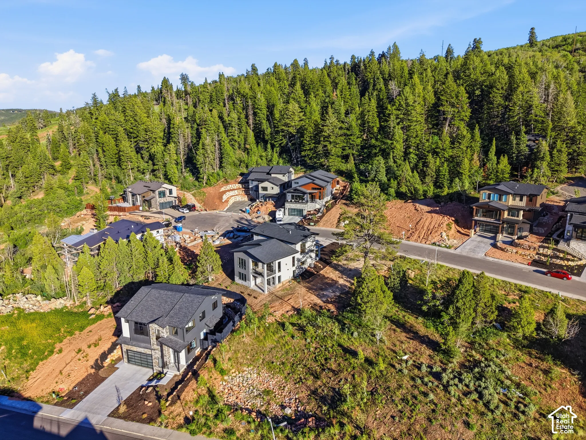Contemporary residences nestled into a forested hillside