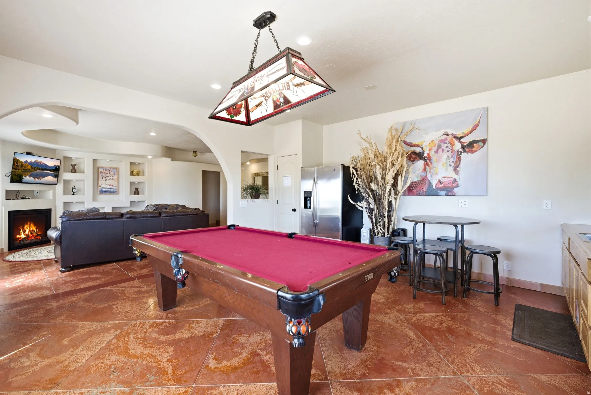 Recreation room featuring a pool table, tiled flooring, and recessed lighting