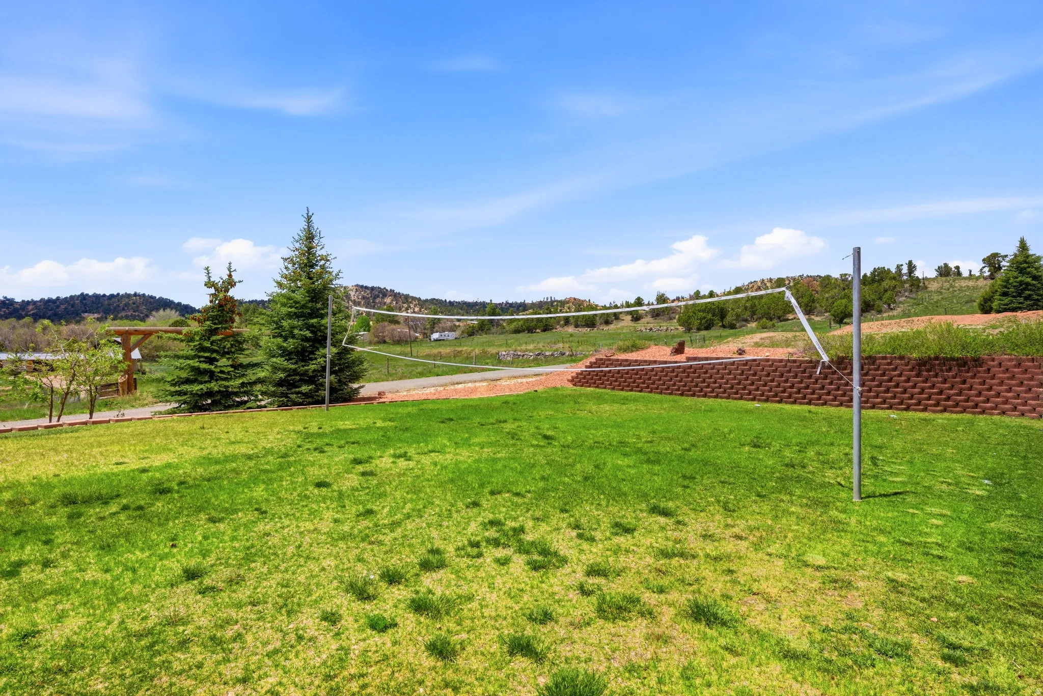 Expansive green lawn with a built-in volleyball net, complemented by mature evergreen trees