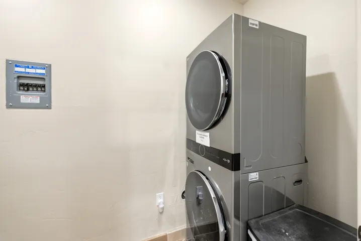 Stackable laundry appliances with a grey finish