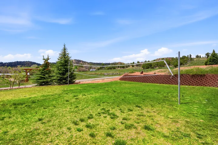Expansive green lawn with a built-in volleyball net, complemented by mature evergreen trees