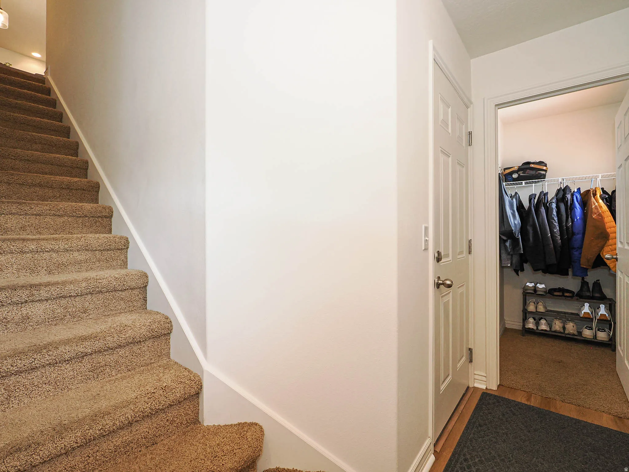 Carpeted staircase with white risers