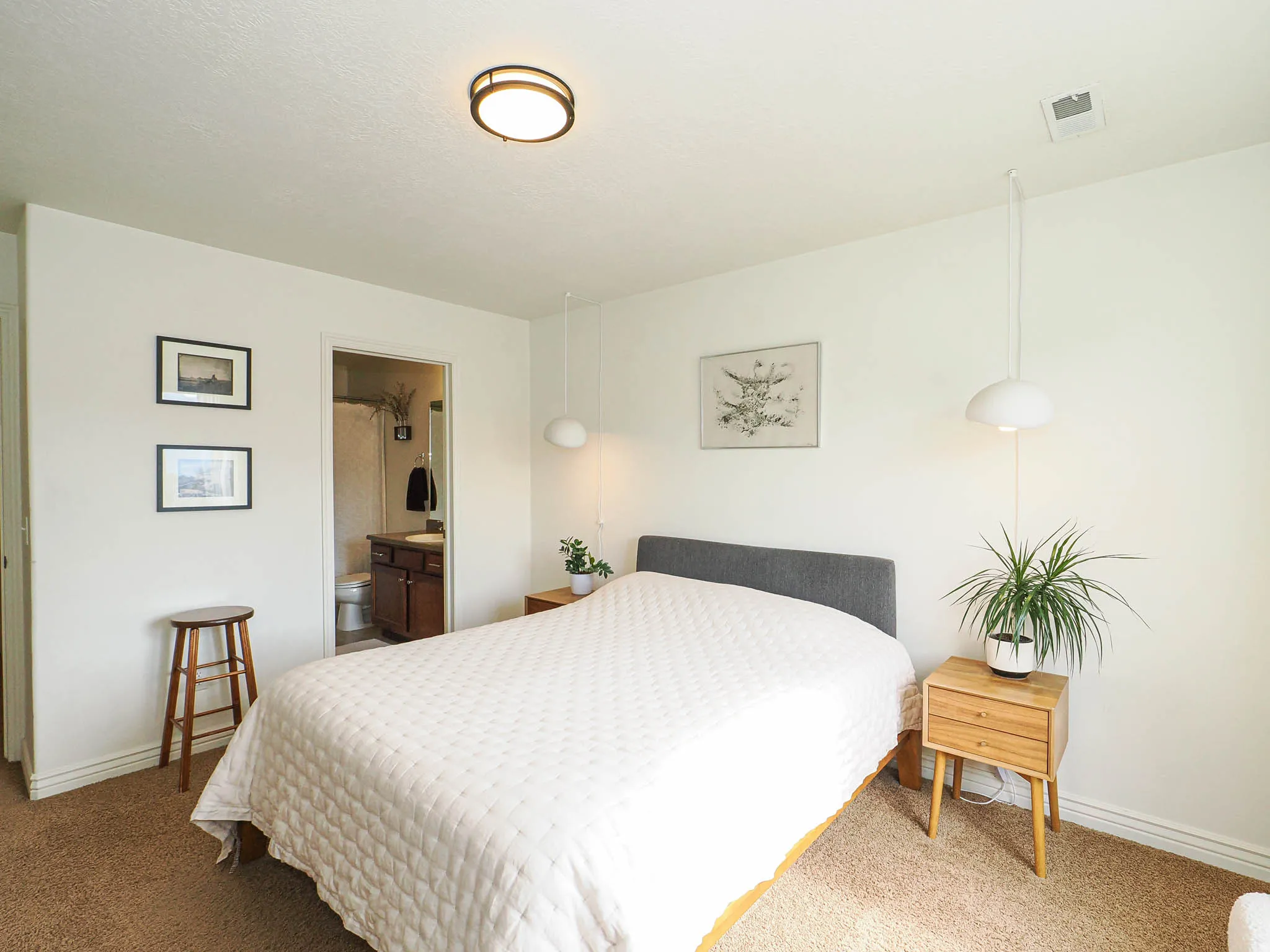 Bedroom featuring neutral wall paint, carpet flooring, a flush-mount ceiling light fixture, and a doorway opening to an en-suite bathroom with a dark wood vanity