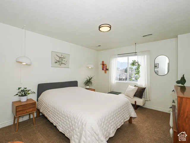 Bright bedroom featuring a large window, neutral carpeting, and a modern ceiling light fixture