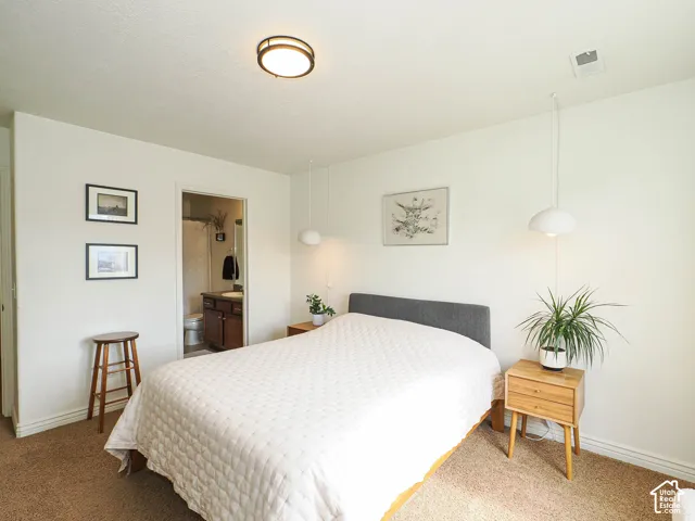 Bedroom featuring neutral wall paint, carpet flooring, a flush-mount ceiling light fixture, and a doorway opening to an en-suite bathroom with a dark wood vanity