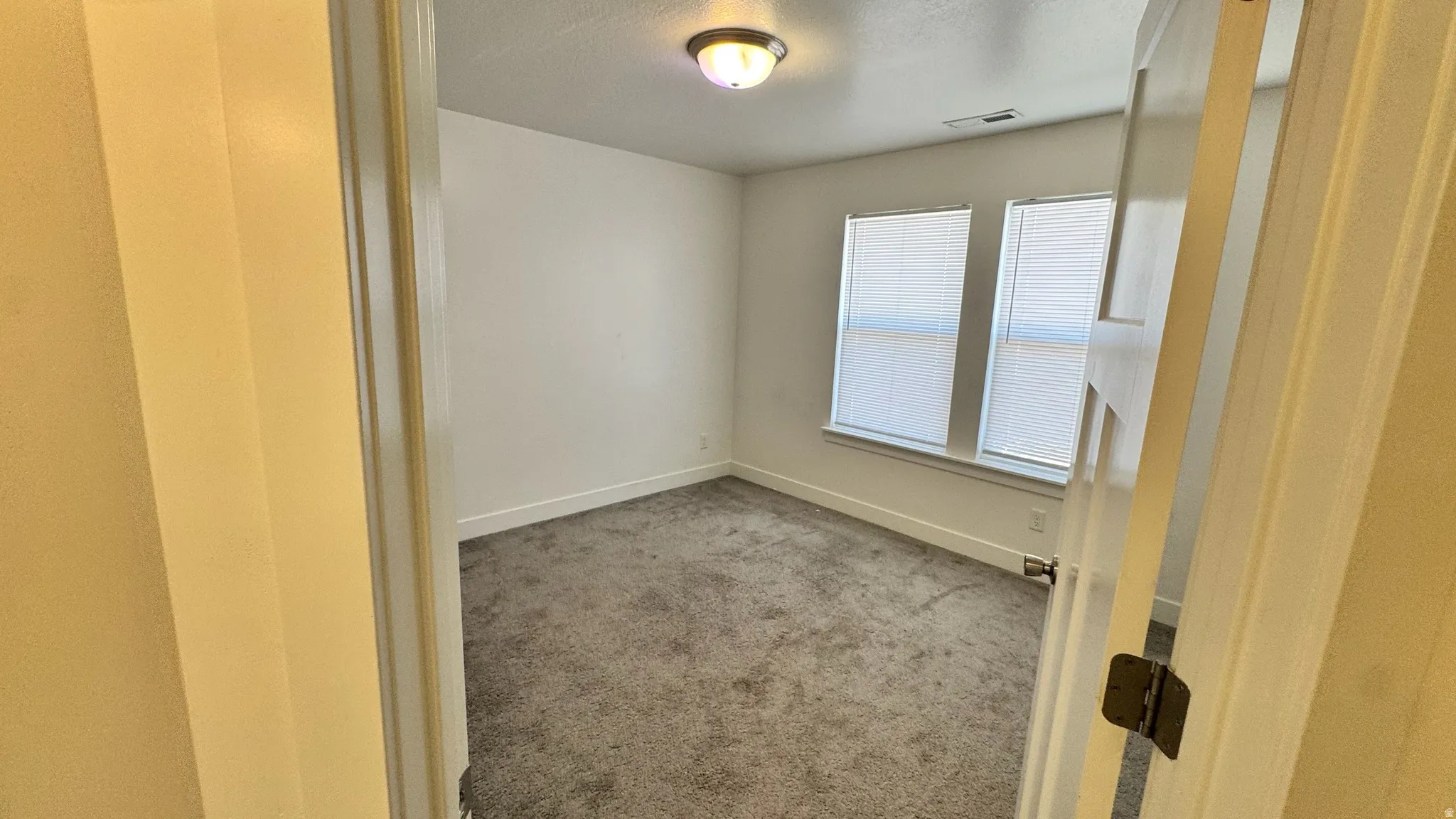 Spacious room featuring neutral carpeting, white baseboards, and two windows with blinds