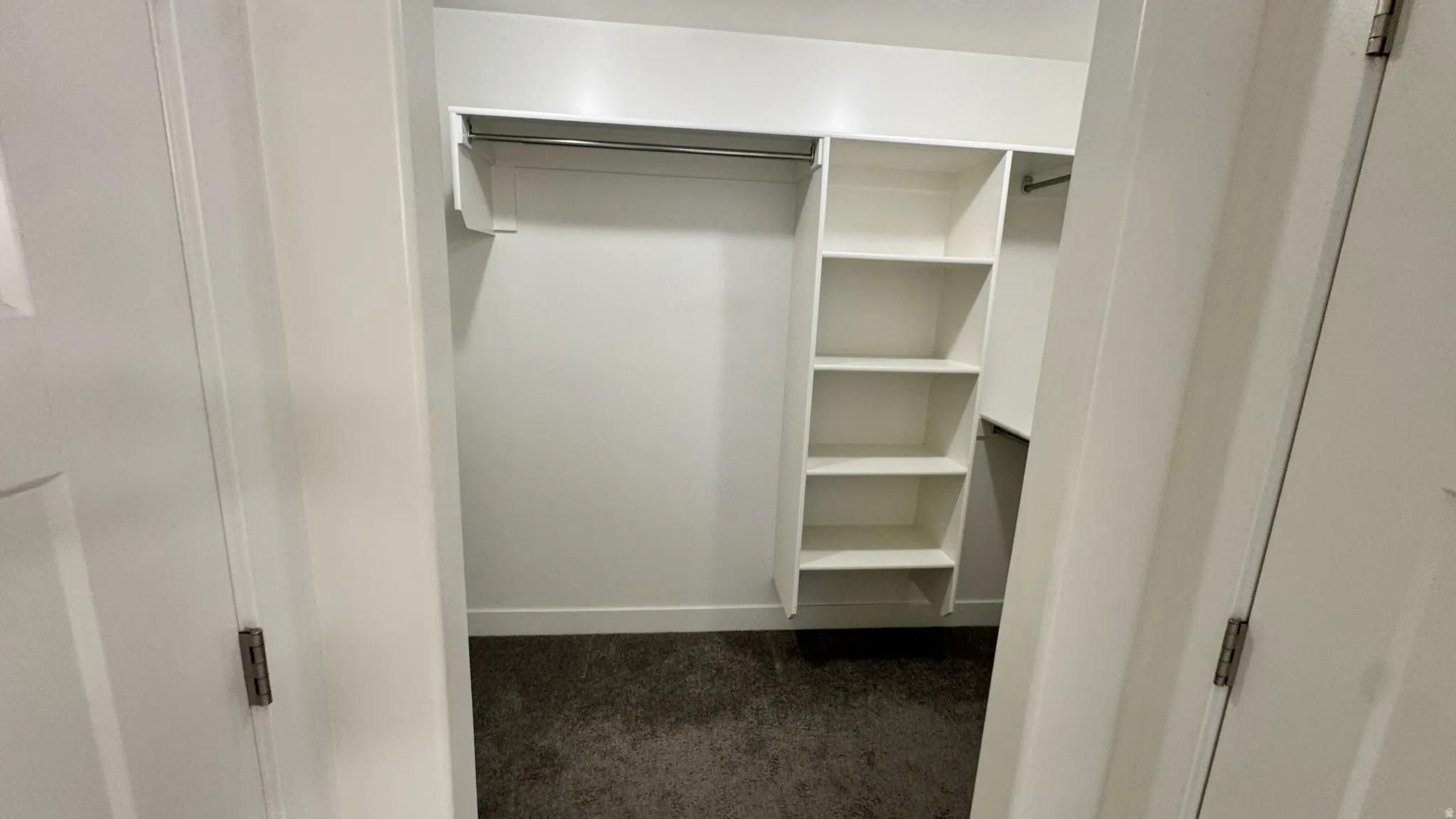 Walk-in closet featuring white built-in shelving, multiple hanging rods, and dark gray carpet flooring