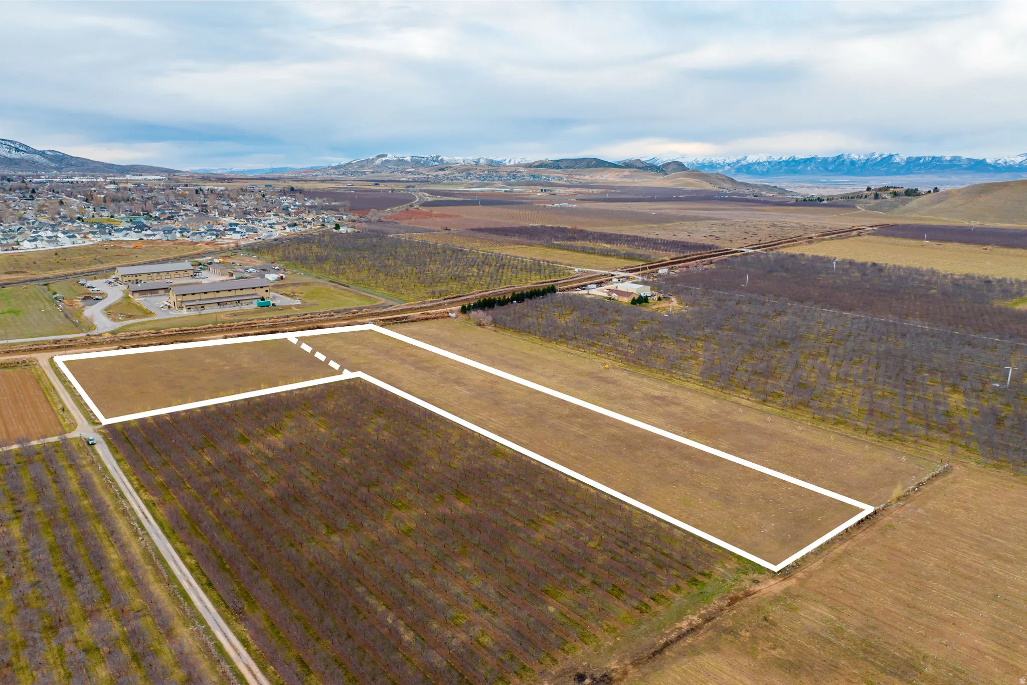 Expansive agricultural parcels outlined, featuring a mix of cultivated land and established orchards