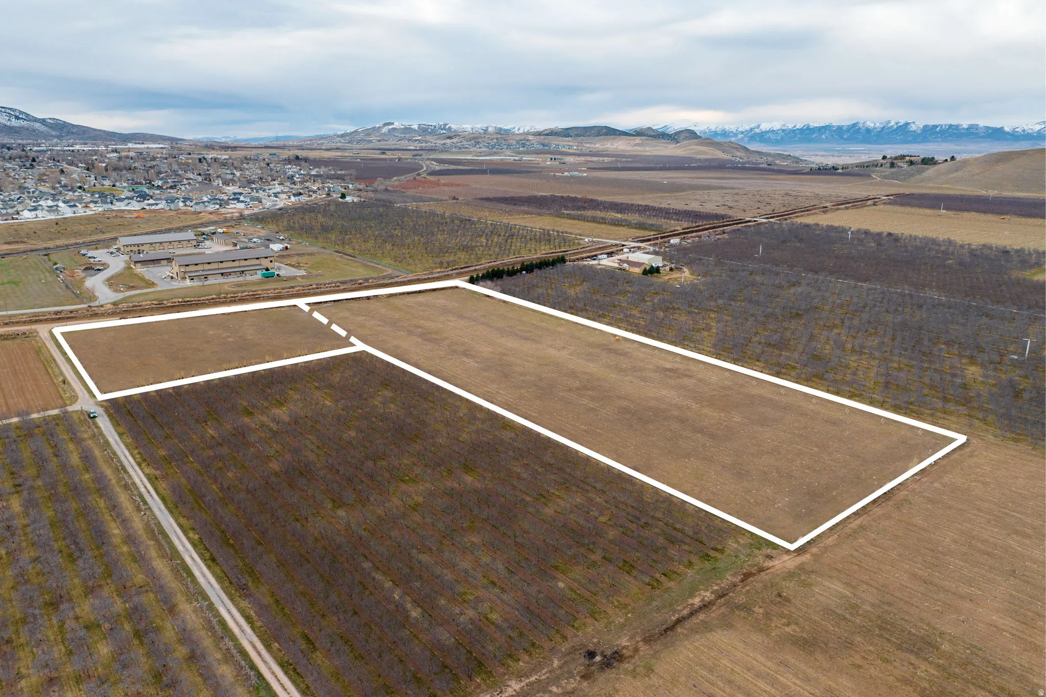 Expansive agricultural land featuring a large open field and adjacent cultivated areas