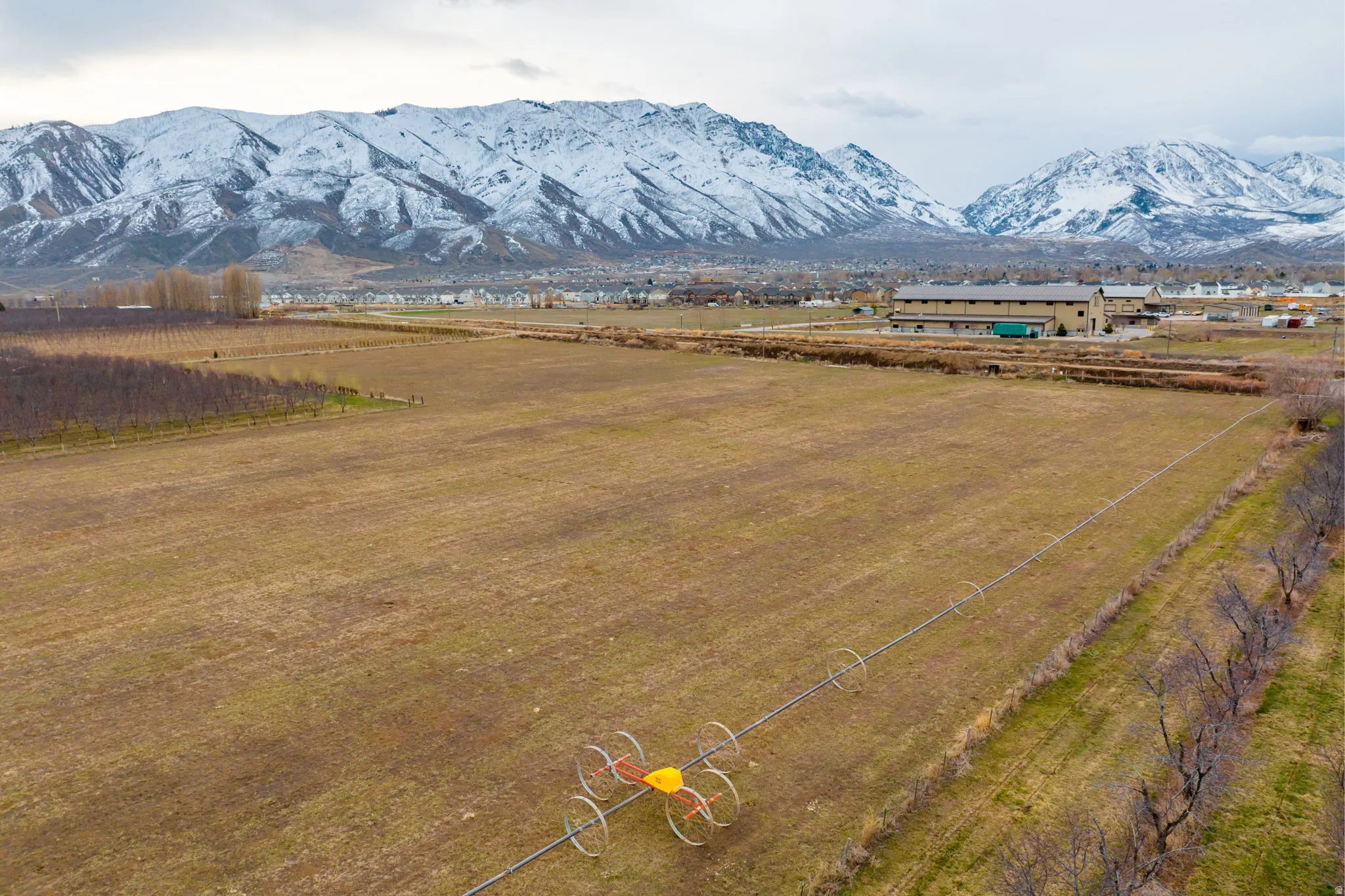 Expansive agricultural land featuring a snow-capped mountain range backdrop