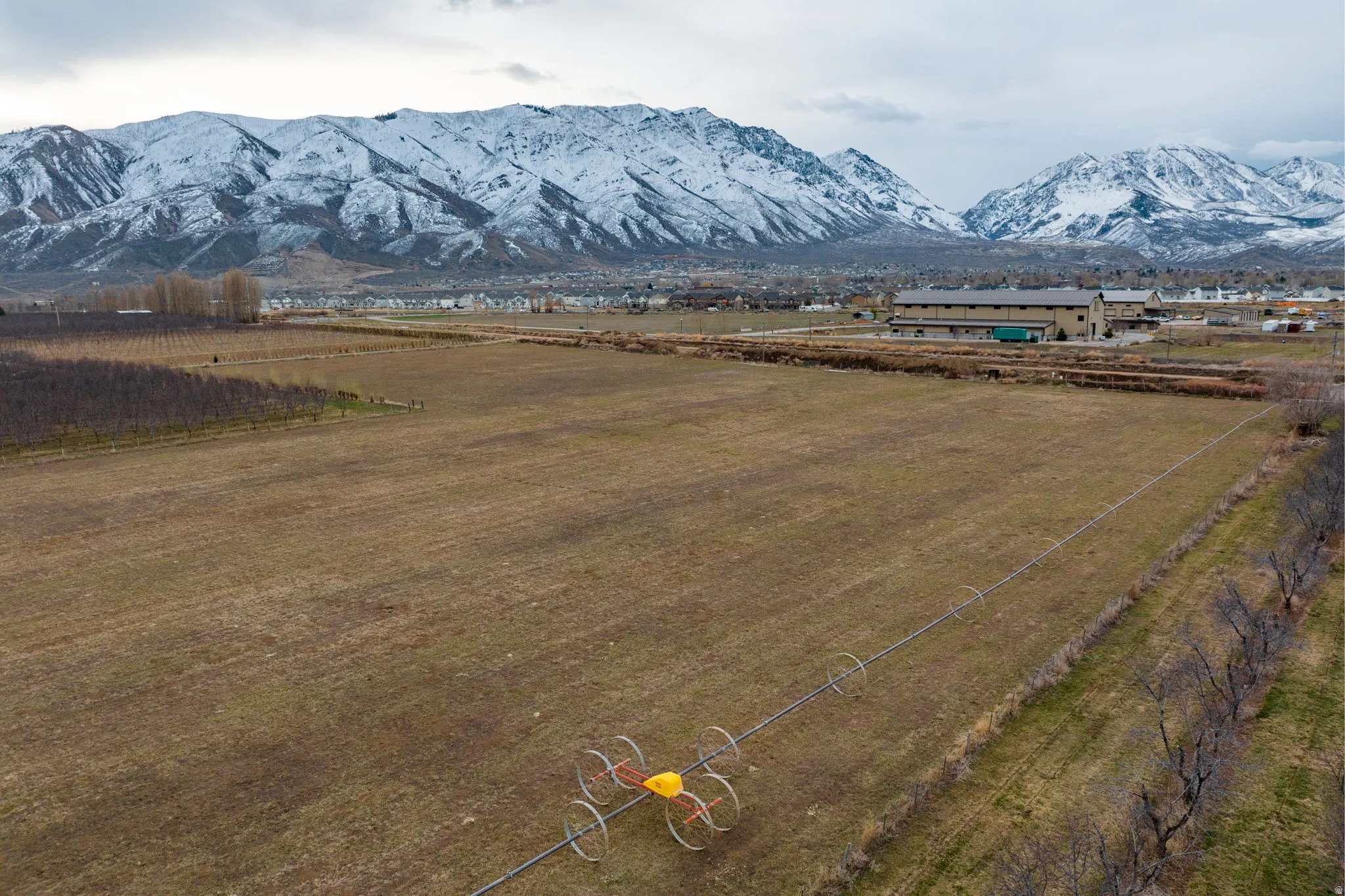 Expansive open land featuring a visible irrigation system, bordering mature trees