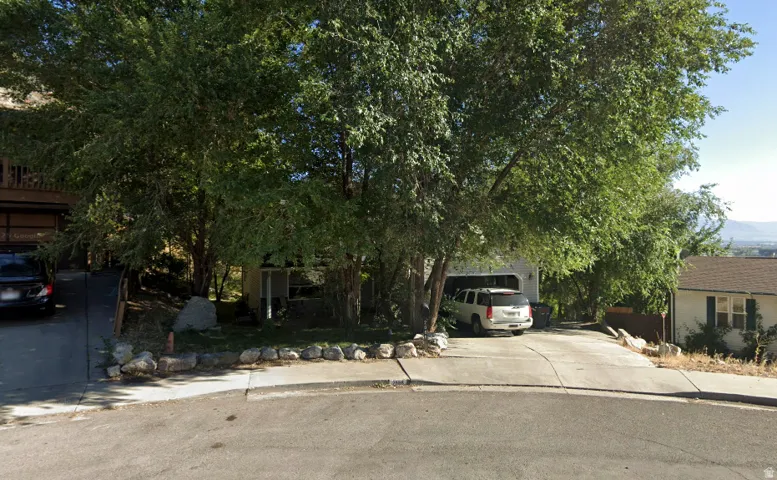 Property with a sloped concrete driveway, a two-car garage, and established trees