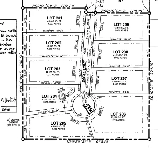 Plat Map. Illustrating the division of a land parcel into multiple lots with dimensions and area measurements