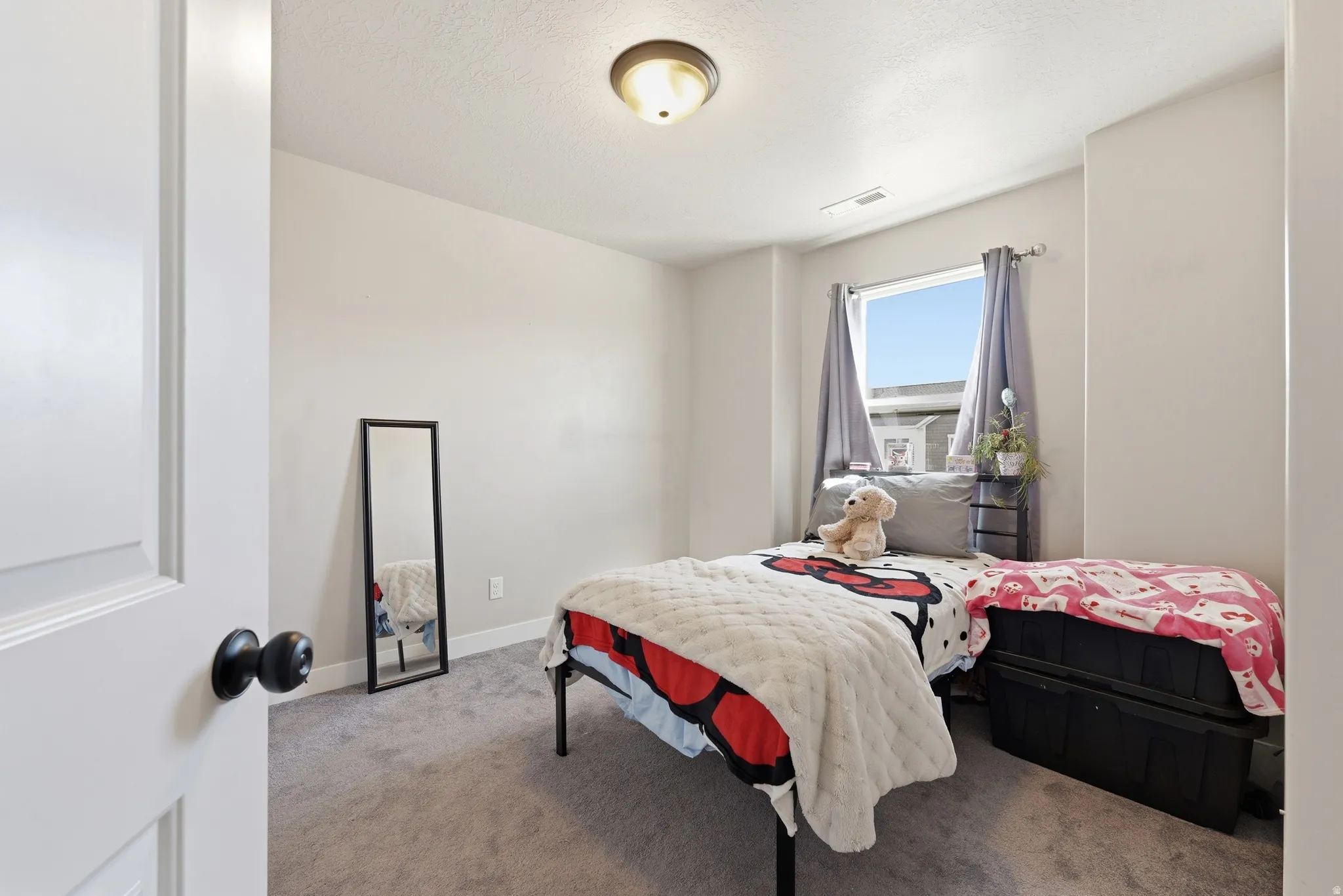 Neutral-toned walls and grey carpeting define this room, featuring a white paneled door with matte black hardware
