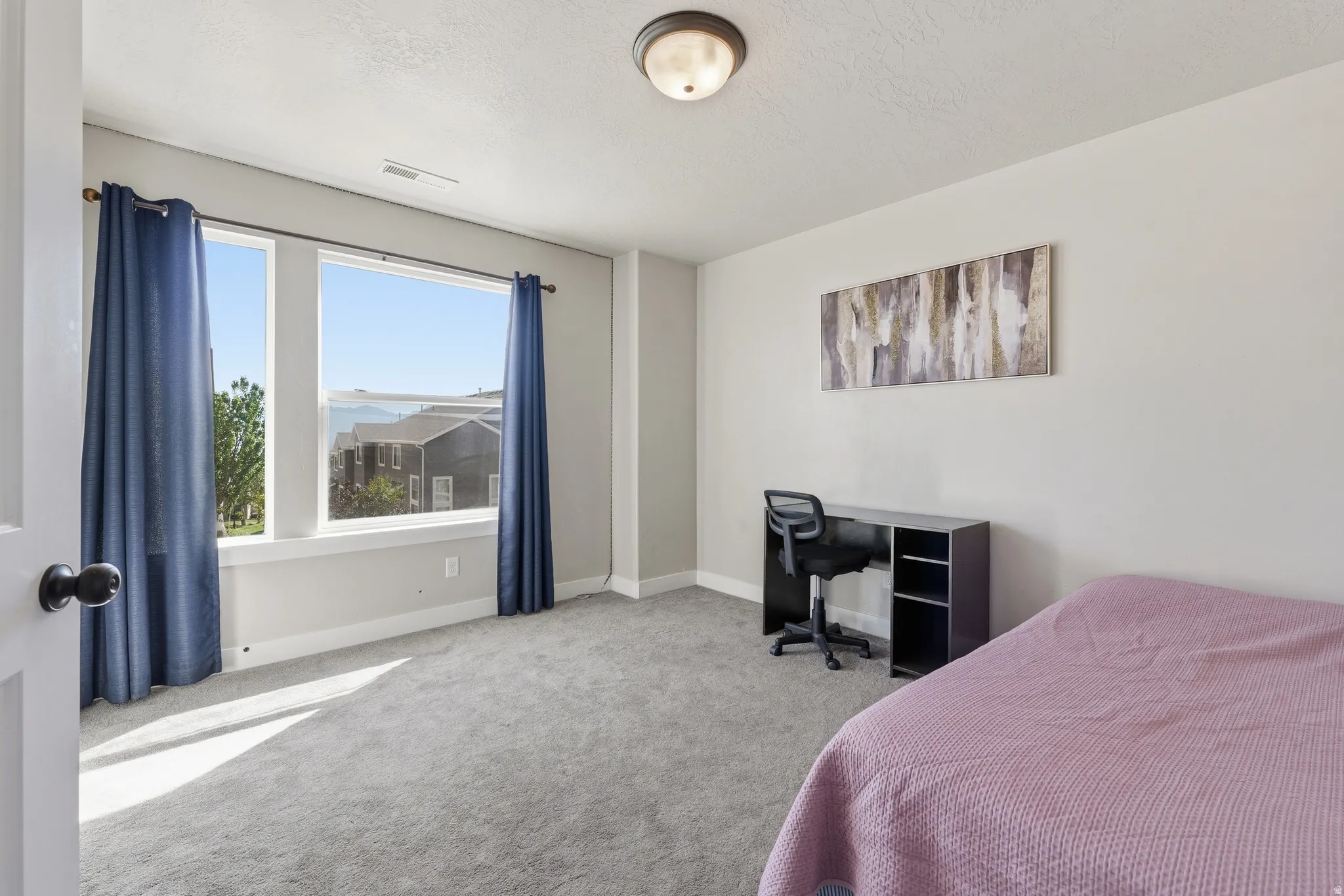 Bright room featuring plush gray carpet and a contemporary ceiling light fixture