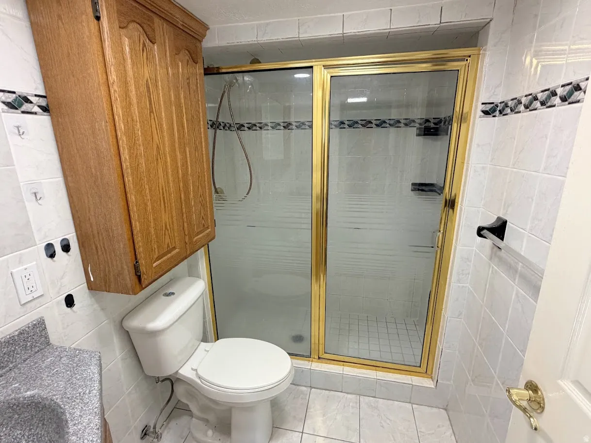 Tiled shower with gold-toned frame, an oak-finish wall cabinet, and a white toilet