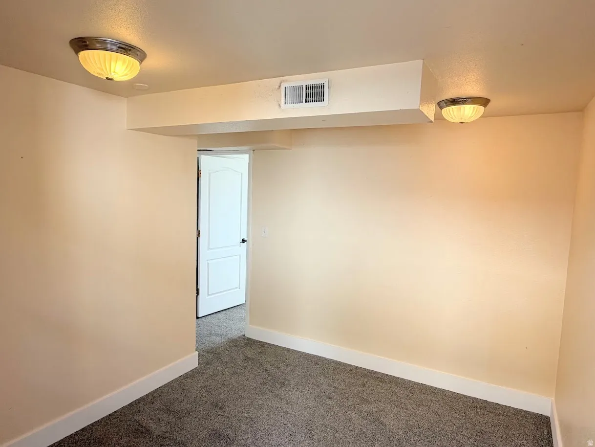 Carpeted room with light neutral wall paint, white baseboards, and two flush-mount ceiling light fixtures
