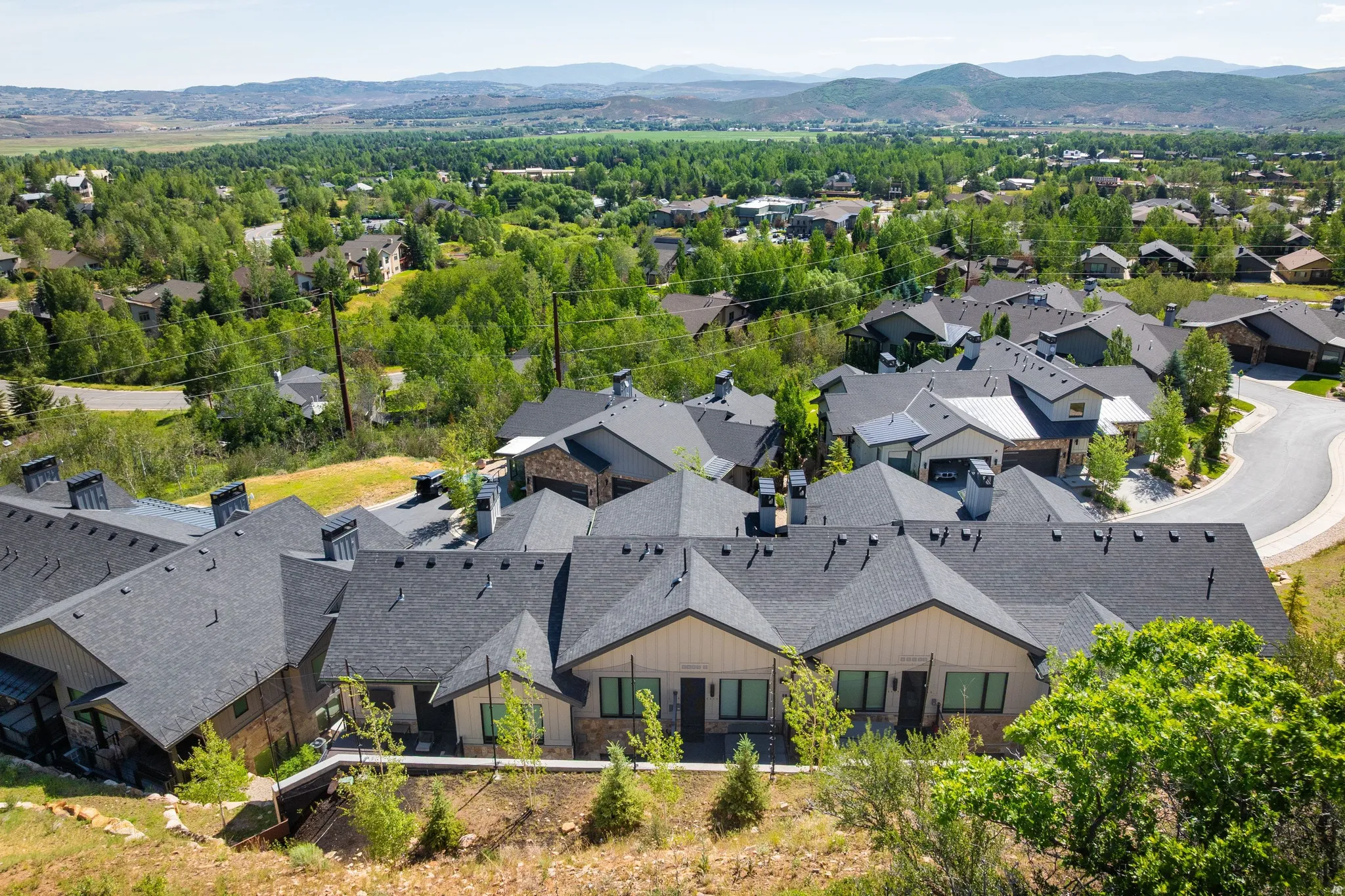 Aerial perspective showcasing multiple properties with dark shingle roofs and varied architectural styles