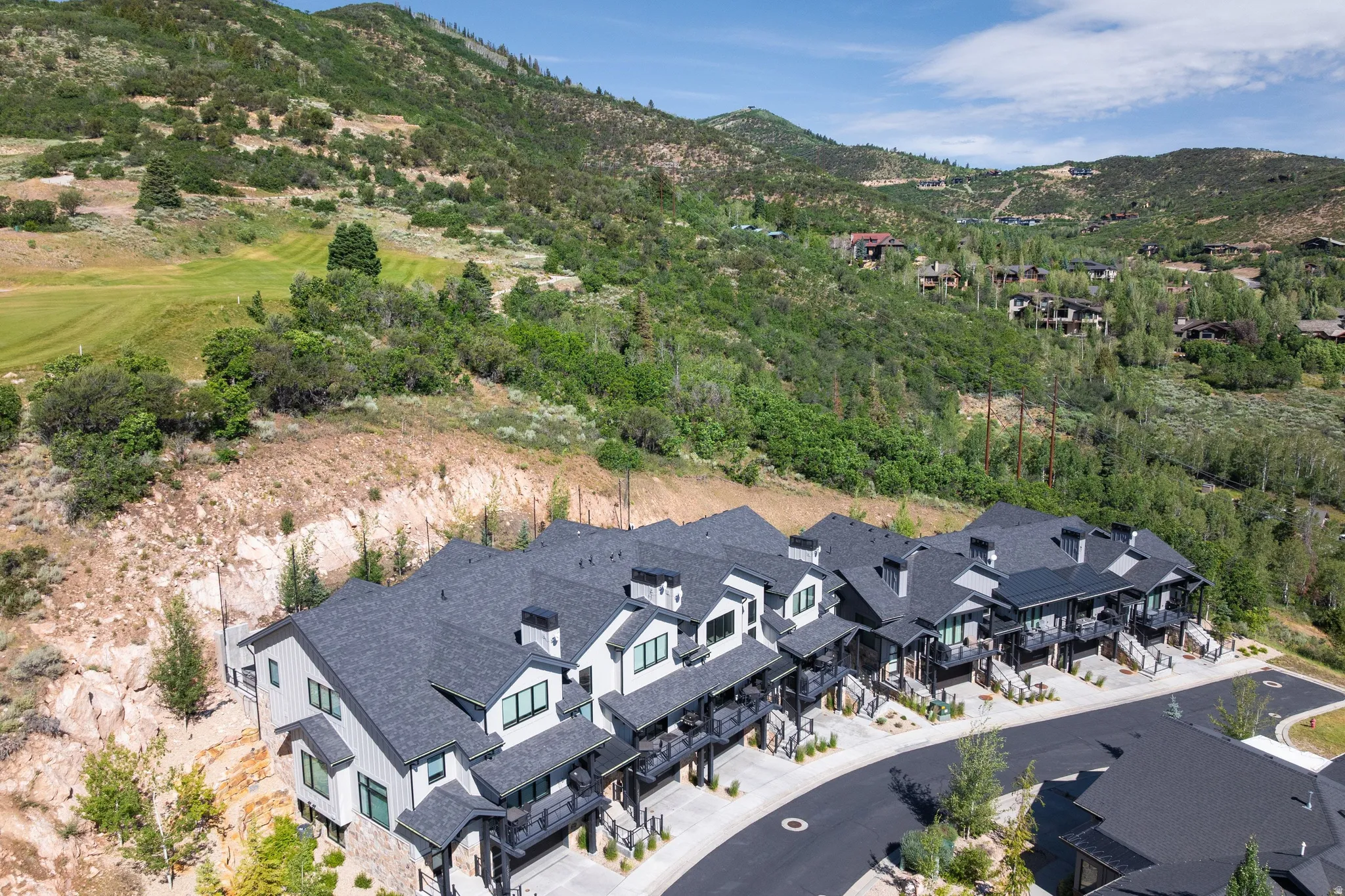 Contemporary townhomes featuring dark gray shingle roofs and light-colored siding, situated against a lush, green mountainside