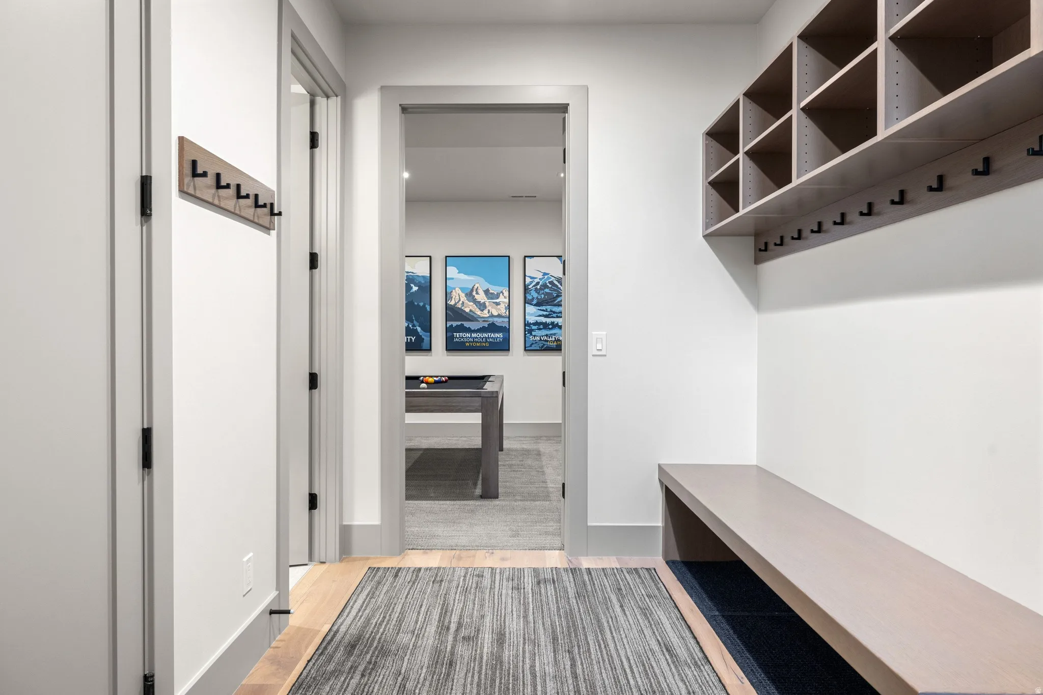Hallway entry featuring light wood-finish flooring with a textured area rug