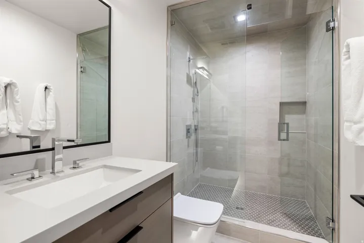 Contemporary bathroom featuring a frameless glass shower enclosure, integrated shower niche, and a wall-mounted rain shower head