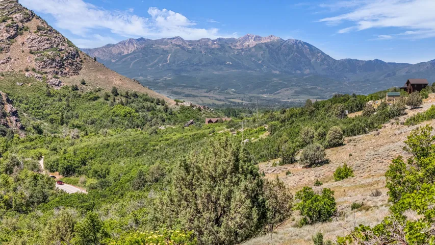 Mountainous landscape with lush green foliage and scattered trees, featuring a distant brown residence with a light-colored roof