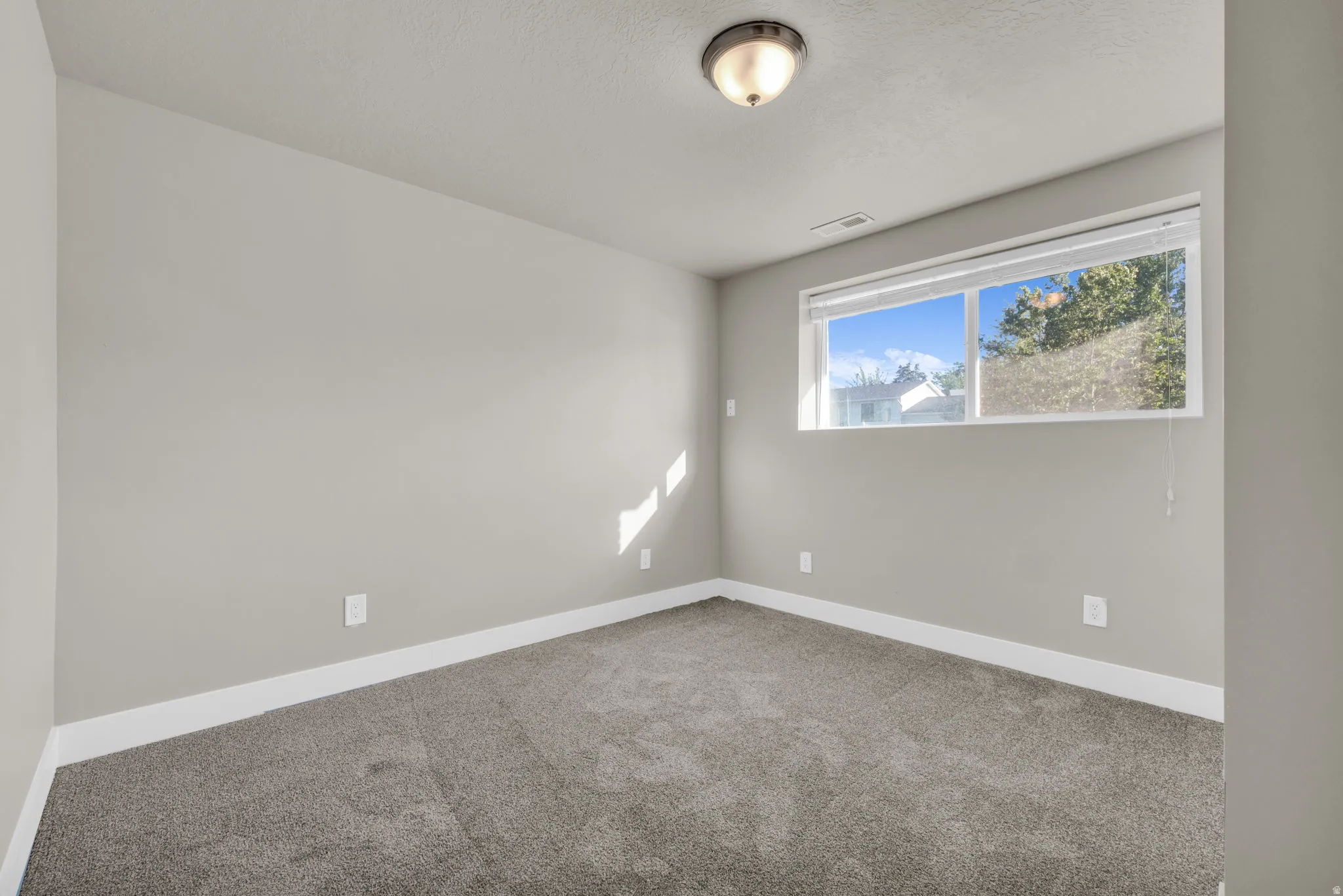 Carpeted room featuring a single window, a flush mount ceiling light, and light gray painted walls