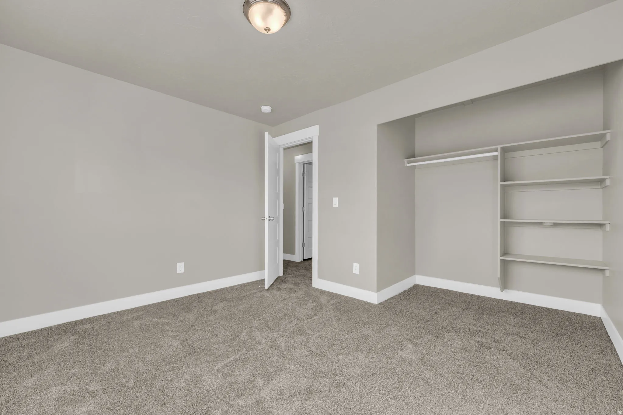 Neutral-toned interior with plush carpeting, crisp white trim, and a built-in closet featuring a hanging rod and shelving