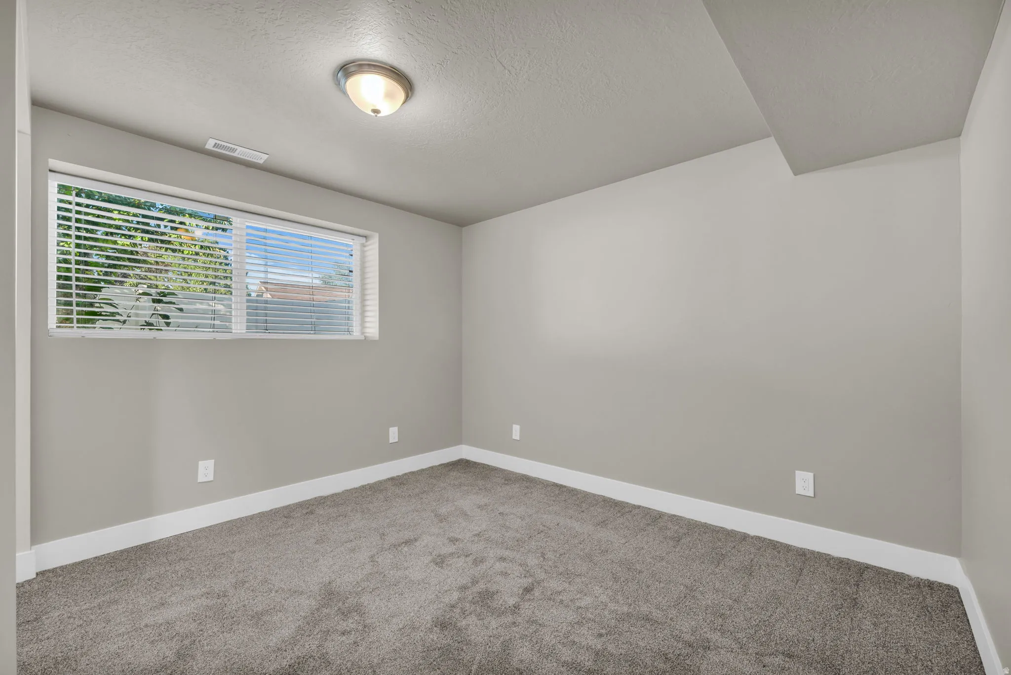 Room featuring neutral wall paint, gray carpet flooring, white baseboards, and a single window with horizontal blinds