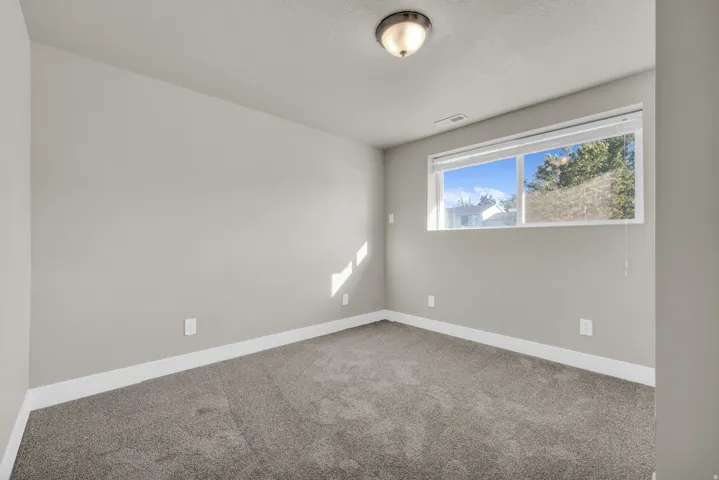 Carpeted room featuring a single window, a flush mount ceiling light, and light gray painted walls