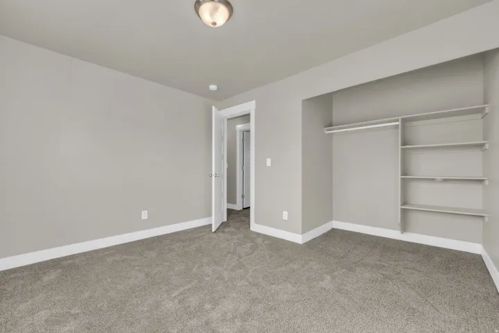 Neutral-toned interior with plush carpeting, crisp white trim, and a built-in closet featuring a hanging rod and shelving