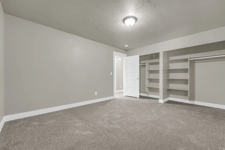 Carpeted room featuring light gray walls, white trim, a flush mount ceiling light, and built-in shelving with hanging rods