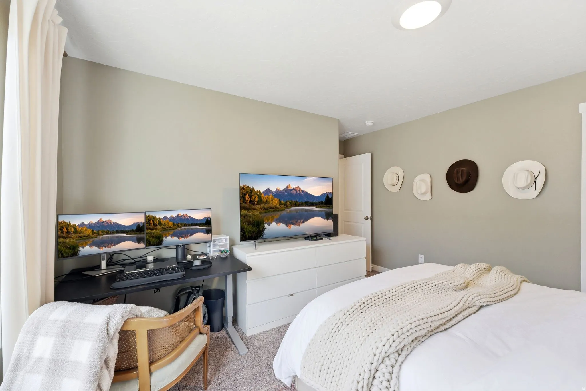 Wall-to-wall carpeting in a neutral tone, light-colored walls, and a recessed ceiling light fixture