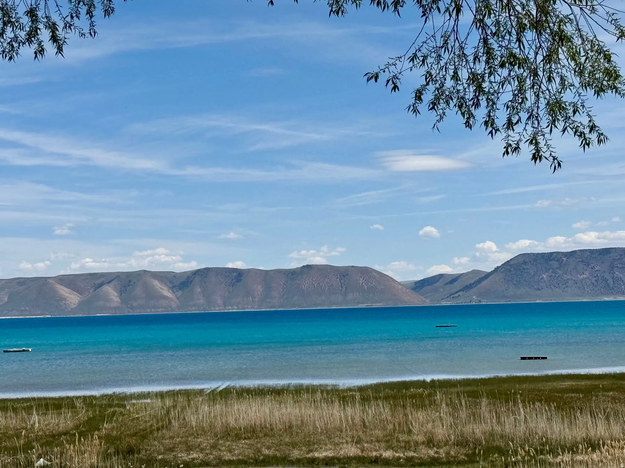 Expansive water frontage with a vibrant turquoise lake, framed by distant mountains and a natural grassy shoreline