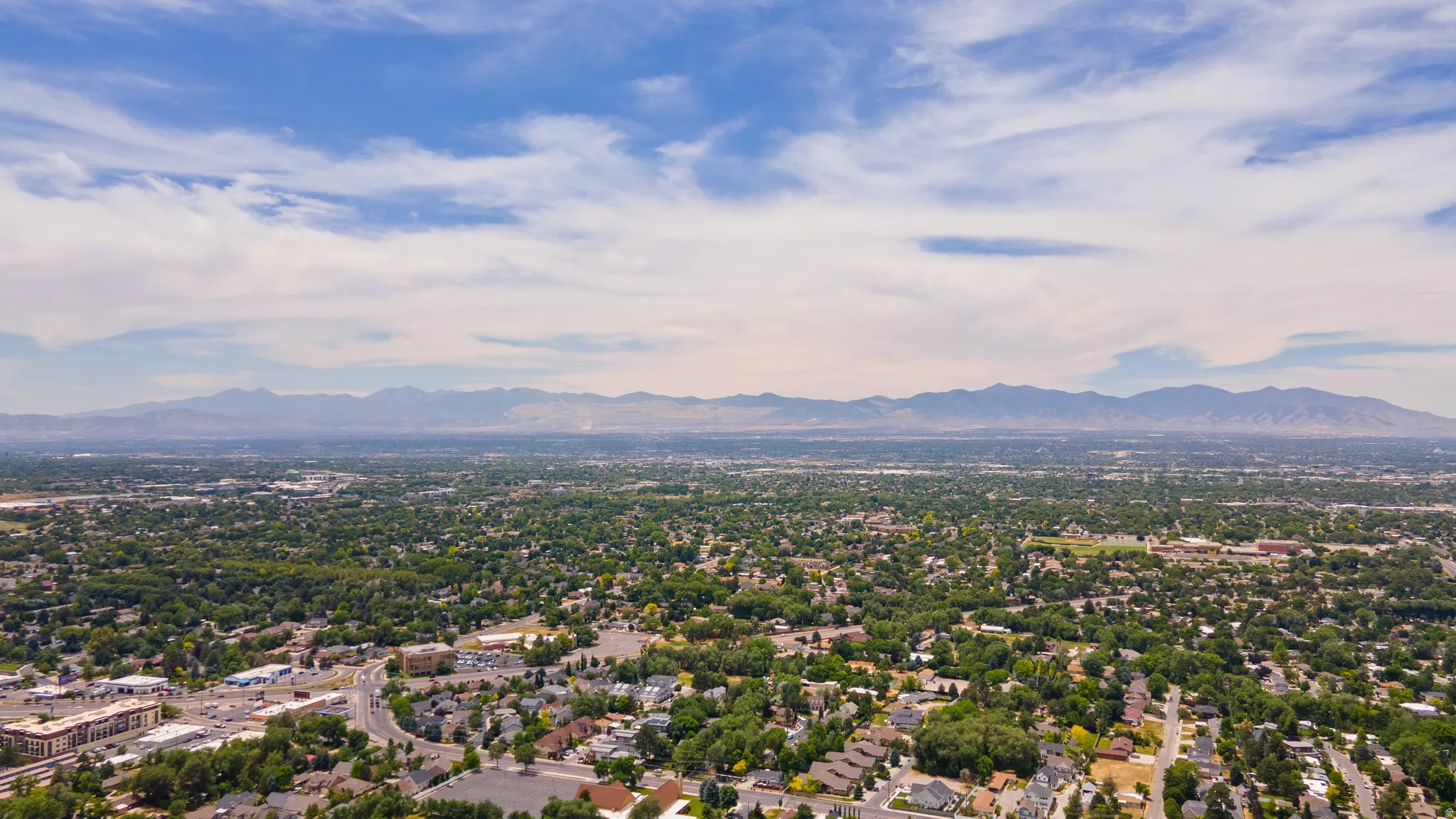 Expansive urban landscape featuring a distant mountain range, a mix of residential and commercial properties, and abundant mature trees