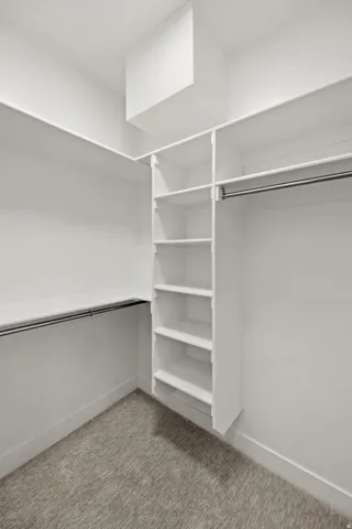 Walk-in closet featuring white built-in shelving, hanging rods, and textured carpet flooring