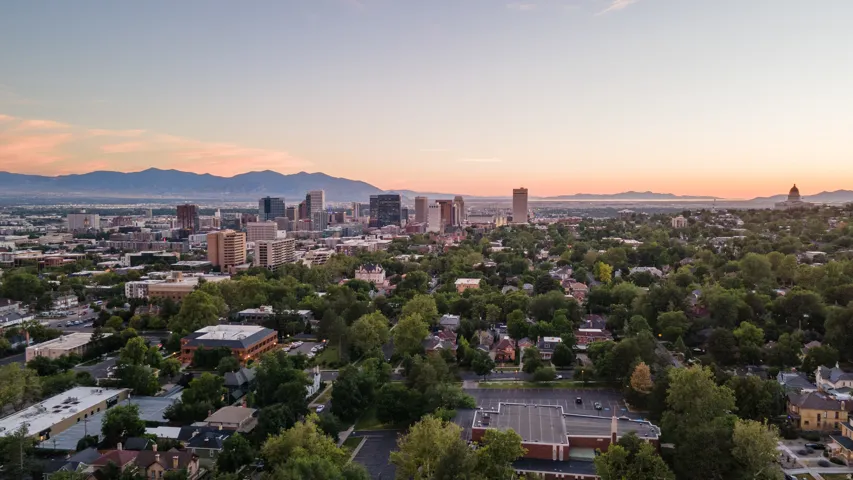 Expansive urban landscape featuring a dense tree canopy, a prominent city skyline with multiple high-rise buildings, and distant mountain ranges under a clear sky