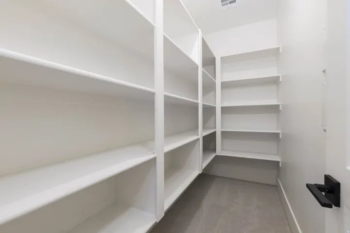Walk-in pantry with extensive built-in shelving, light-colored walls, and gray carpet flooring