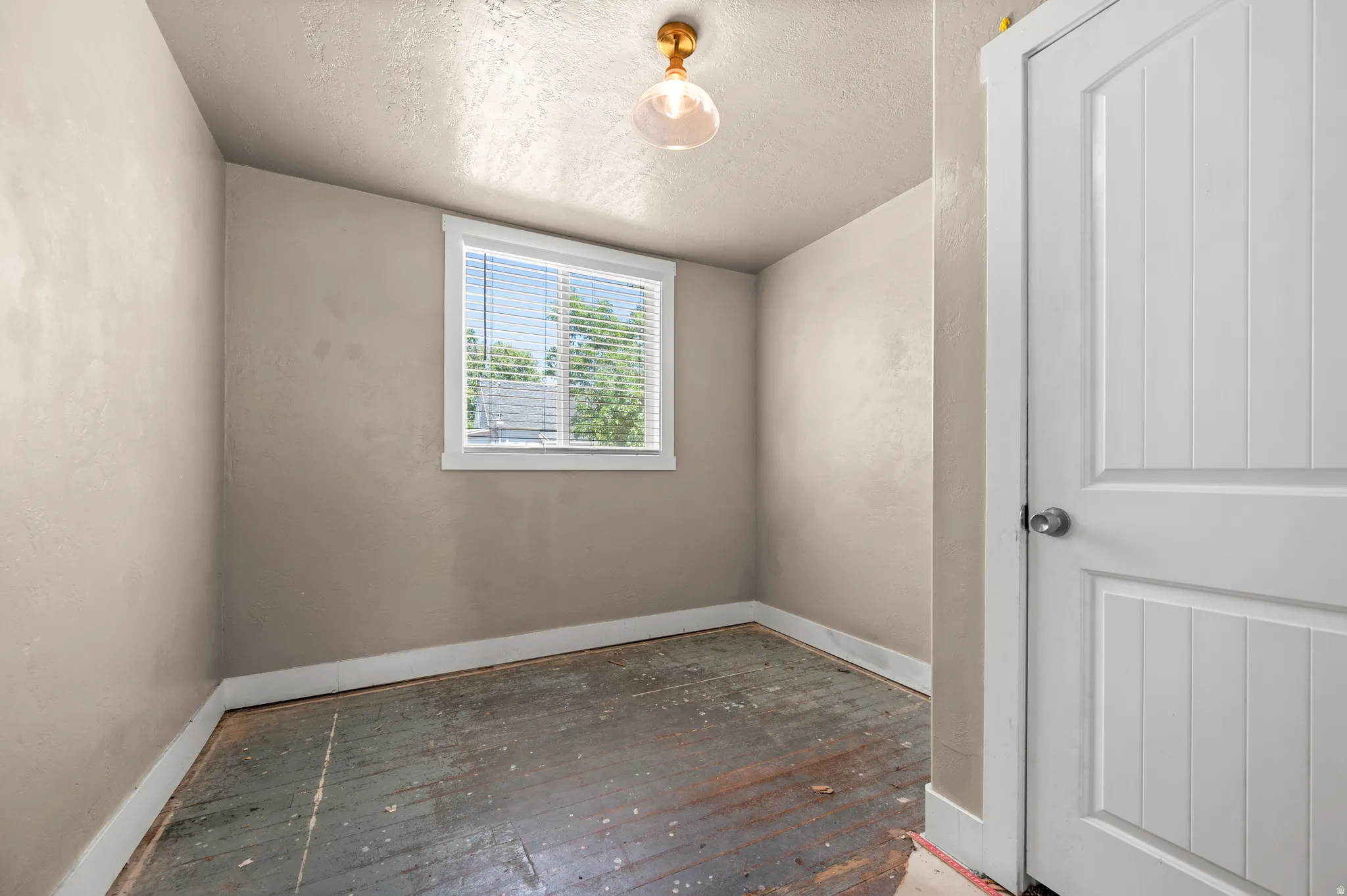 Neutral-toned walls complement a white trim window and a white paneled door