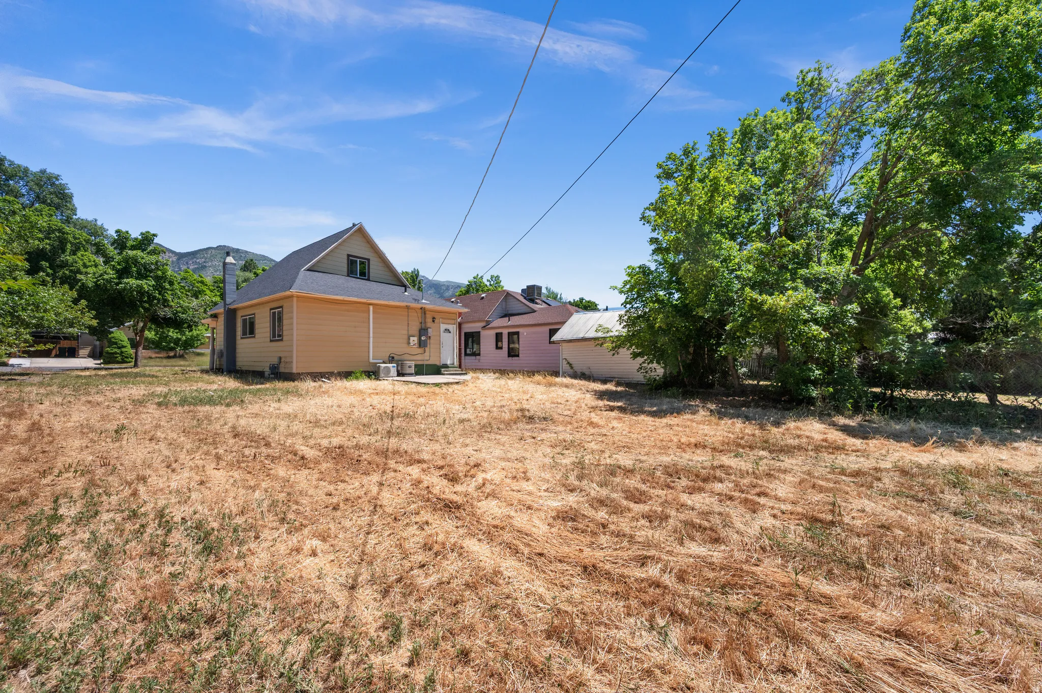 Expansive grassy yard with mature trees and mountain backdrop