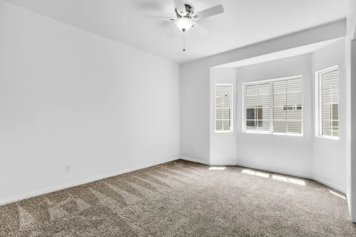 Bedroom featuring plush carpeting, a ceiling fan with light fixture, and a bay window with multiple panes and horizontal blinds