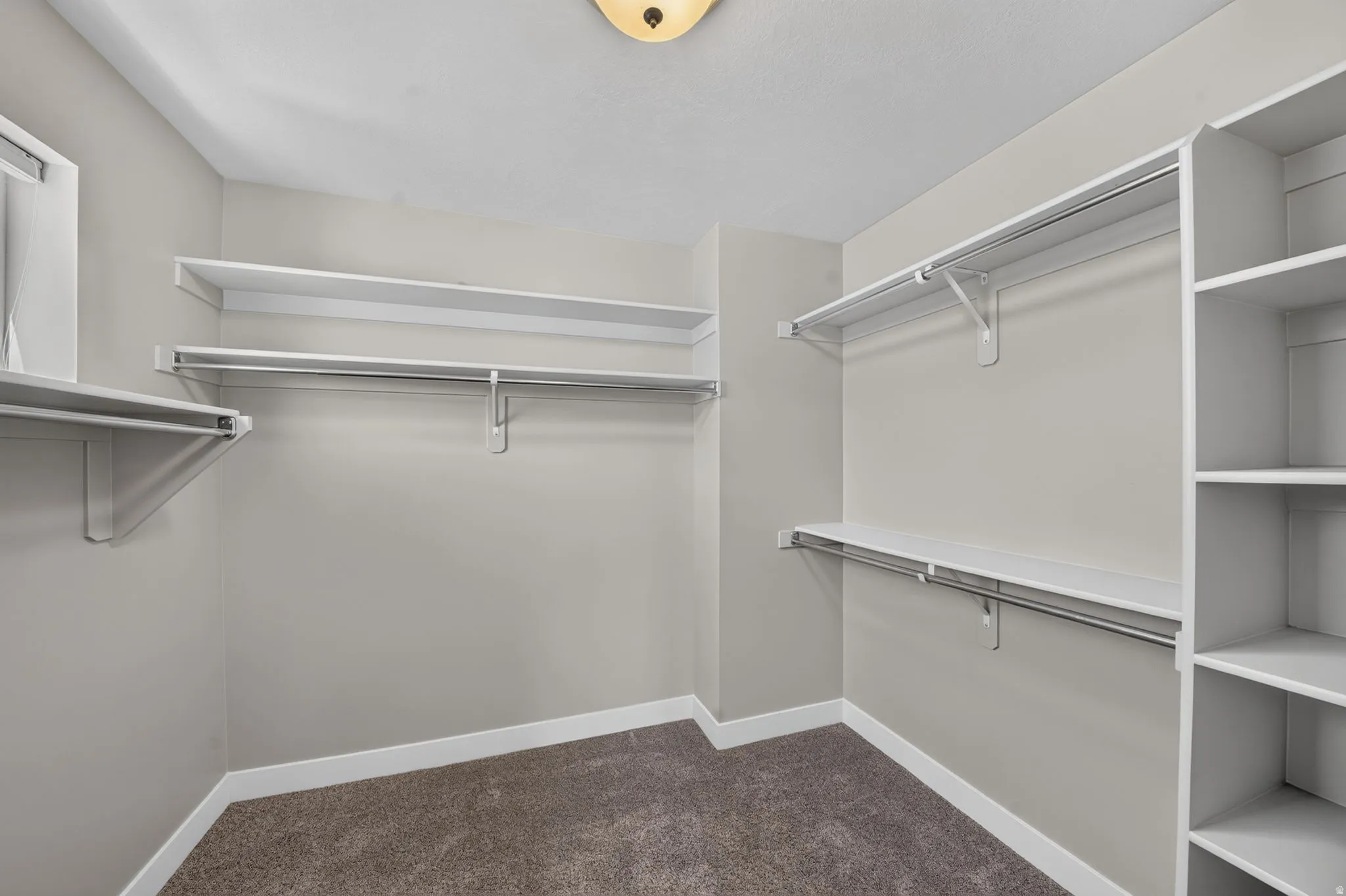 Walk-in closet with carpet flooring, a built-in shelving unit, and multiple hanging rods