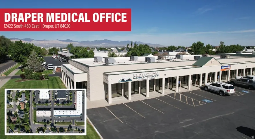 Property Listing, Exterior View. Depicting the commercial building and its immediate surroundings with an aerial inset of the property layout