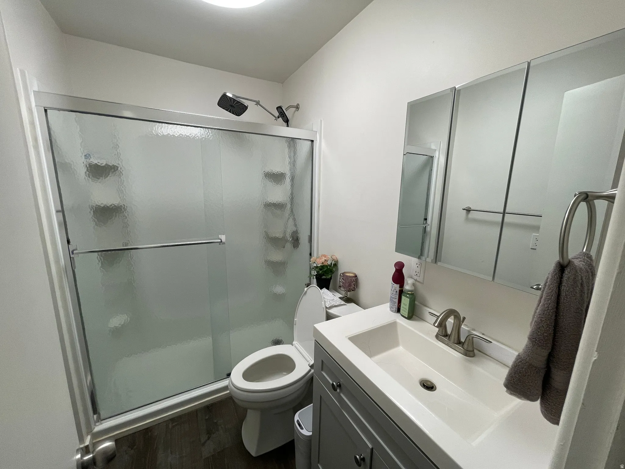 Bathroom with a frameless shower enclosure, a modern vanity with integrated sink, and a multi-panel mirrored medicine cabinet