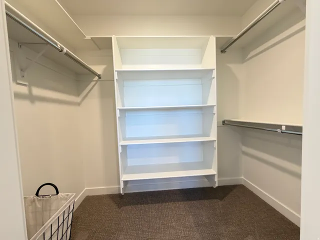 Walk-in closet featuring built-in shelving, white walls, and dark carpet flooring