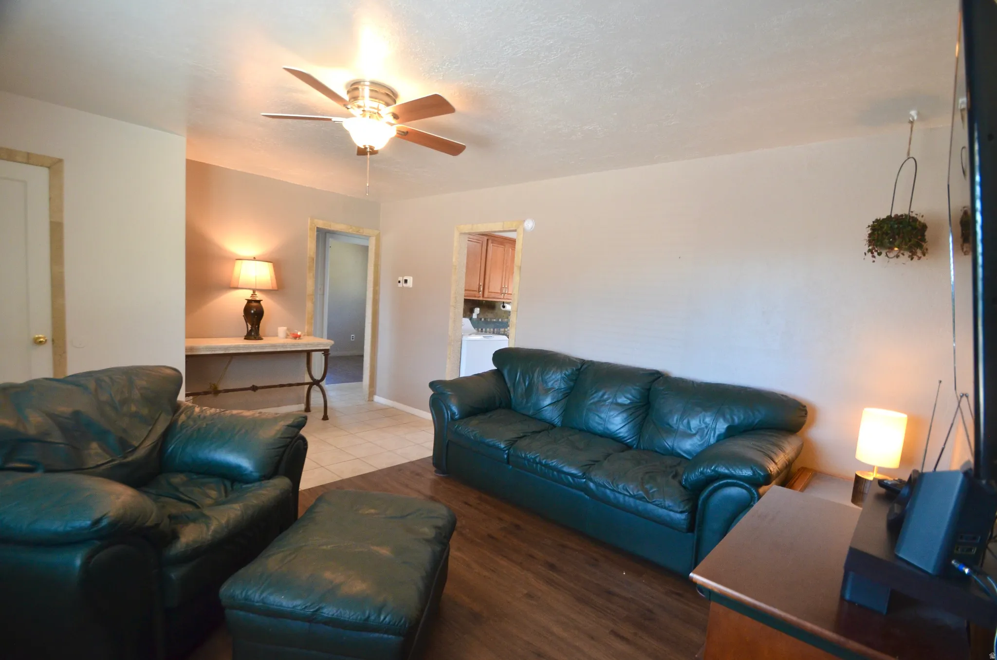 Living area featuring wood-finish flooring and a ceiling fan with integrated lighting