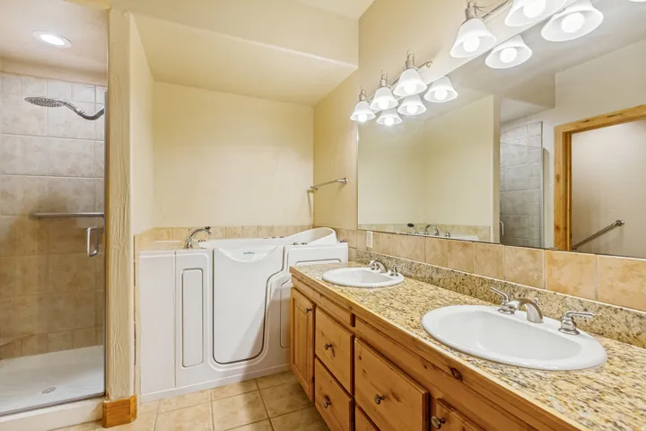 Bathroom featuring a walk-in tub, separate shower with glass enclosure, dual vanity with granite countertop, and wood-finish cabinetry