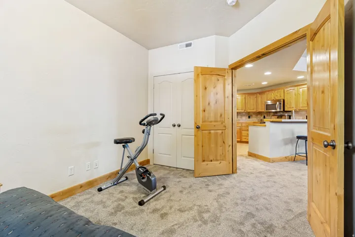 Carpeted room with light wood baseboards and a double-door closet