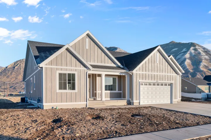 Modern ranch-style residence featuring vertical board siding, a dark shingle roof, a two-car garage with a panel door, and white trim accents